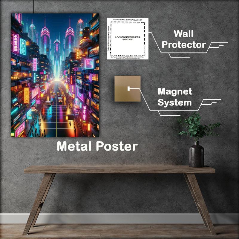 Buy Metal Poster : (A vertical view of a neon lit cyberpunk city street)