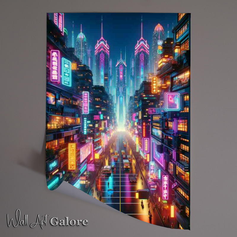 Buy Unframed Poster : (A vertical view of a neon lit cyberpunk city street)