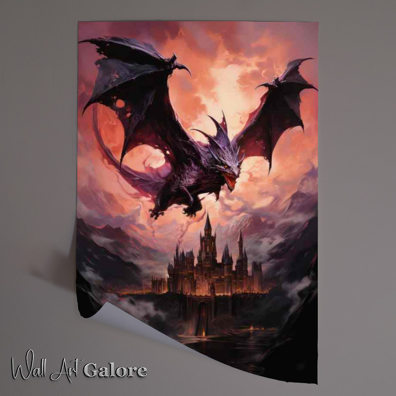 Buy Unframed Poster : (Dragon flying over a castle with fire skies)