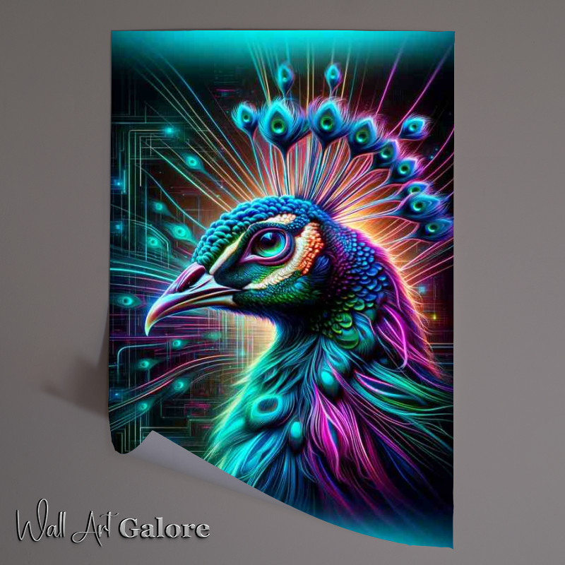 Buy Unframed Poster : (A visually stunning Peacocks head in neon digital art style)