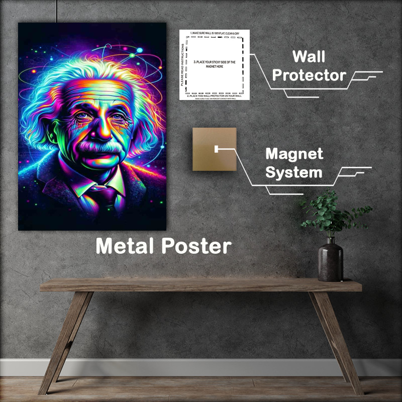 Buy Metal Poster : (Albert Einstein reimagined with vibrant neon colors)