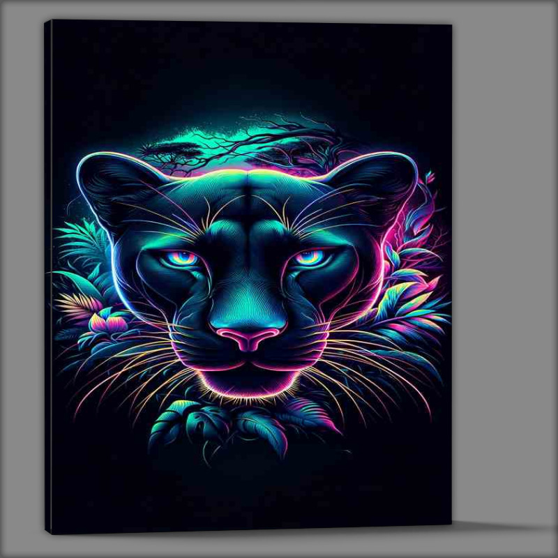 Buy Canvas : (Amospheric sleek panthers head in neon art style jungle)
