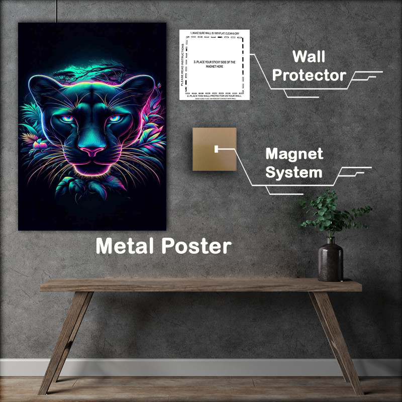 Buy Metal Poster : (Amospheric sleek panthers head in neon art style jungle)