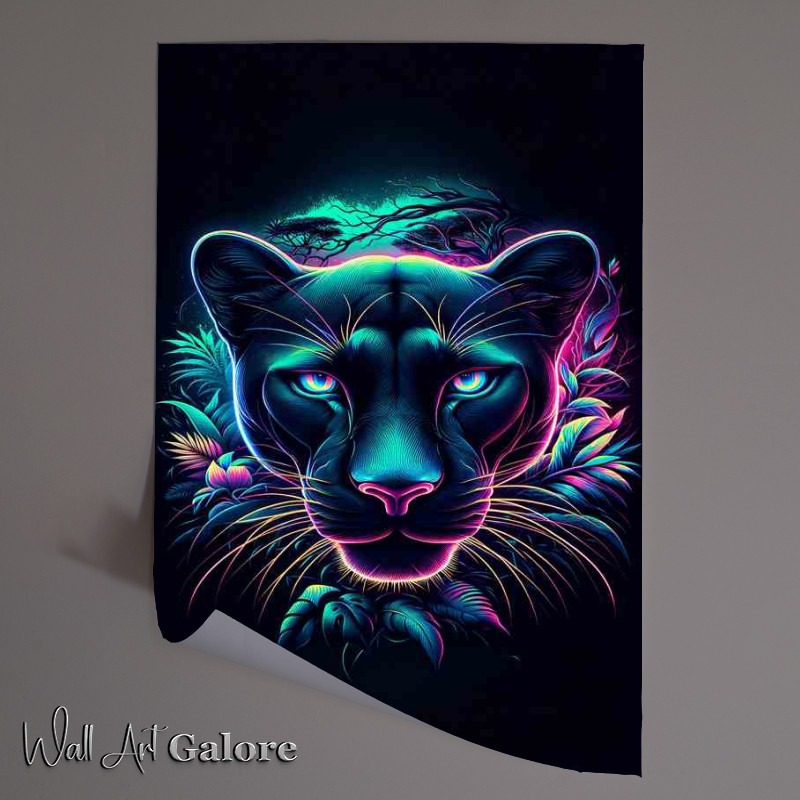 Buy Unframed Poster : (Amospheric sleek panthers head in neon art style jungle)