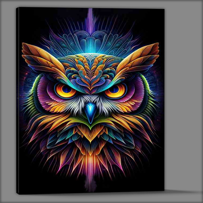Buy Canvas : (An intricately mysterious owls head in neon digital art style)