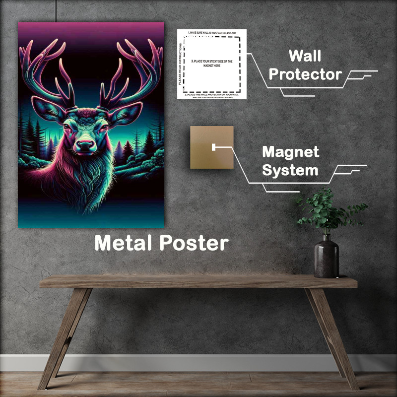 Buy Metal Poster : (Atmospheric regal deers head in neon digital art style)