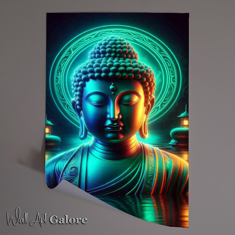Buy Unframed Poster : (Buddha figure, bathed in tranquil neon face is depi)