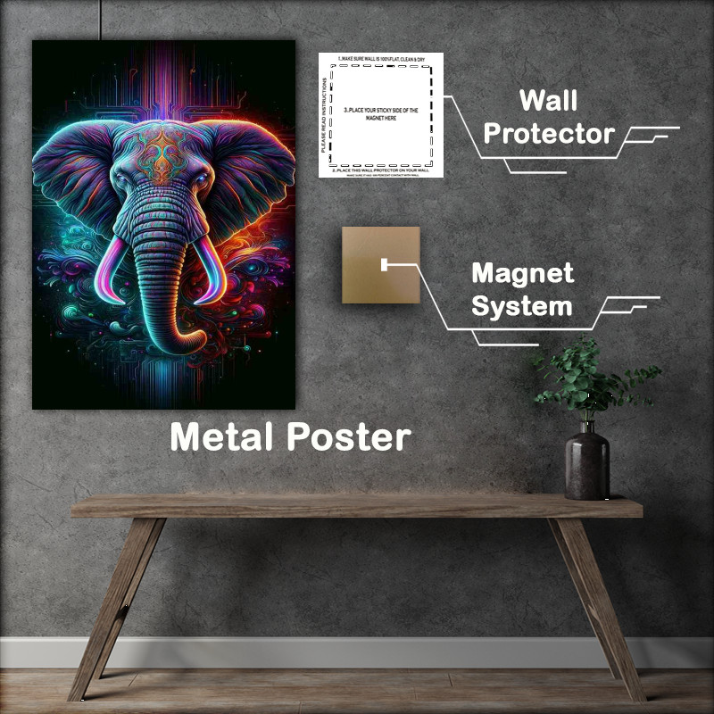 Buy Metal Poster : (Elephants head in neon art style embodying majesty)