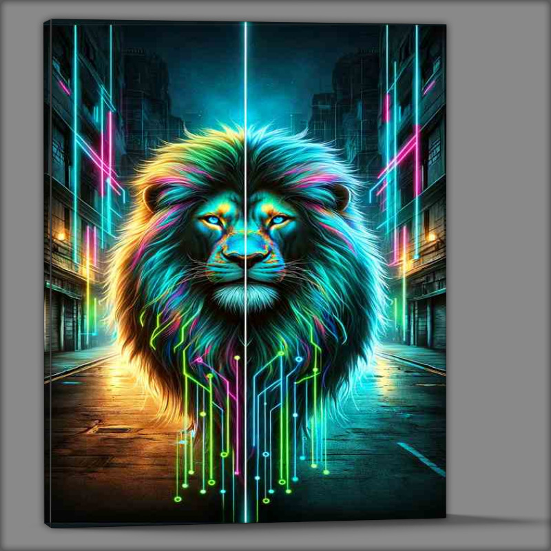Buy Canvas : (Lion with a neon cyberpunk twist stands boldly against dark)