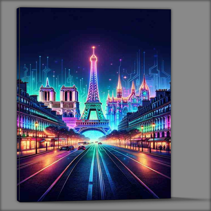 Buy Canvas : (Paris skyline illuminated in dazzling neon colors)