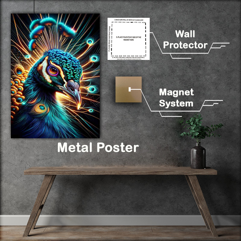 Buy Metal Poster : (Peacocks head in neon digital art style)