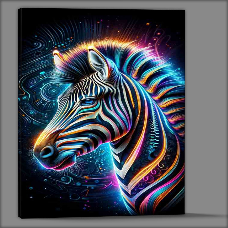 Buy Canvas : (Striking zebras head in neon digital art animals wild beauty)