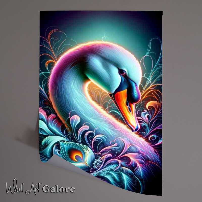 Buy Unframed Poster : (Swans head in neon art embodying the elegance of the bird)