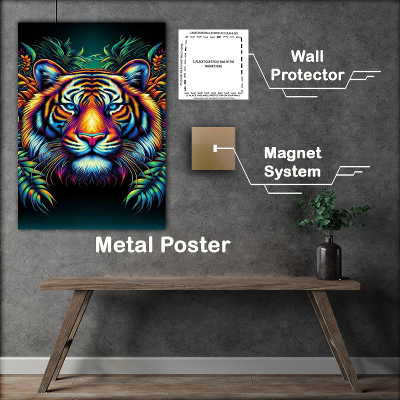 Buy Metal Poster : (Tigers head in neon with elements of a dense jungle)