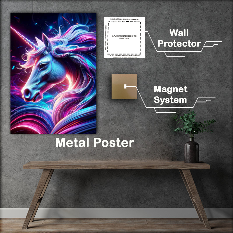 Buy Metal Poster : (Unicorn head bathed in a kaleidoscope of neon colors)