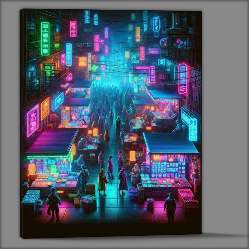 Buy Canvas : (Vertical portrait of a neon lit cyberpunk marketplace)