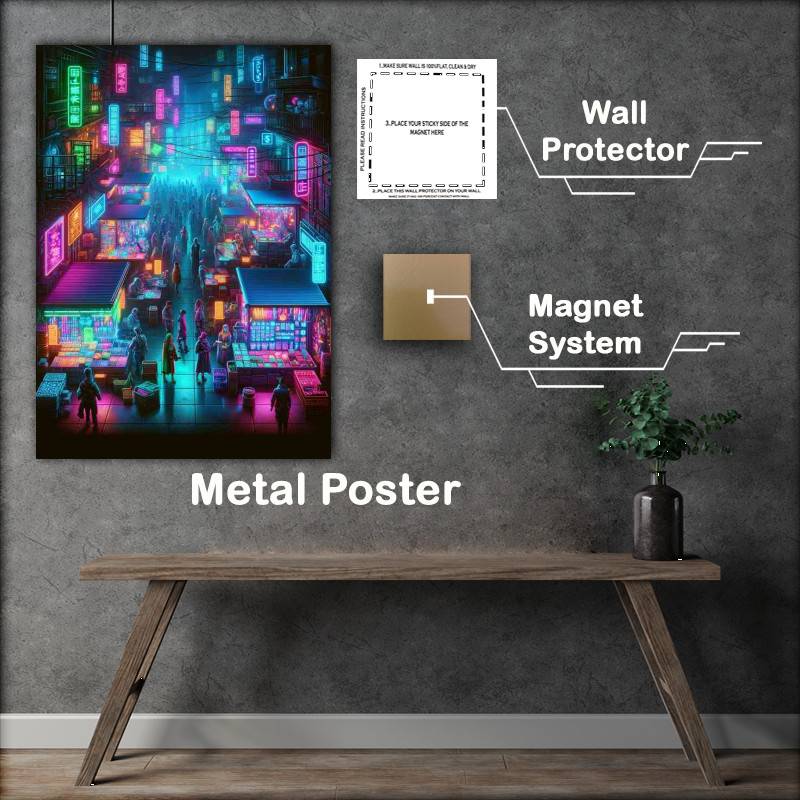 Buy Metal Poster : (Vertical portrait of a neon lit cyberpunk marketplace)