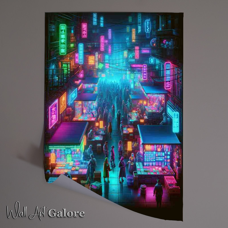 Buy Unframed Poster : (Vertical portrait of a neon lit cyberpunk marketplace)