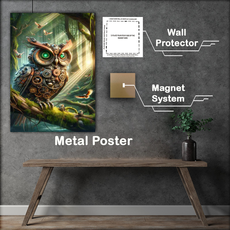 Buy Metal Poster : (Whimsical Automaton Steampunk Owl in Forest)
