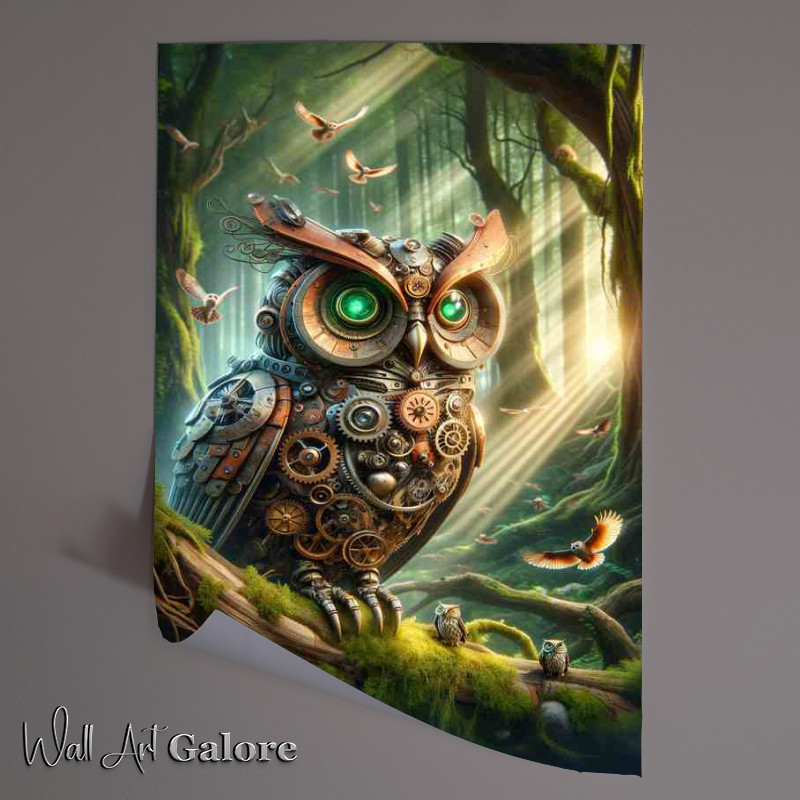 Buy Unframed Poster : (Whimsical Automaton Steampunk Owl in Forest)