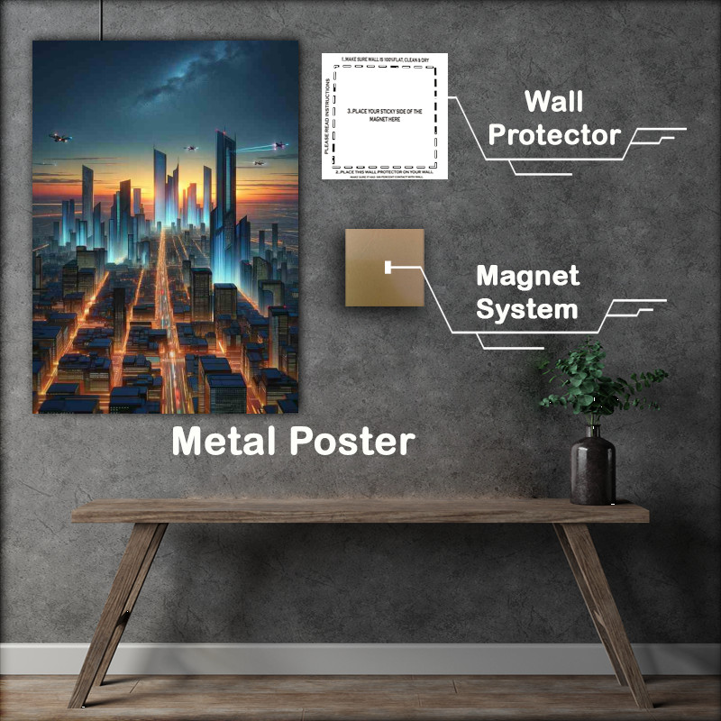 Buy Metal Poster : (futuristic cityscape at twilight The horizon)