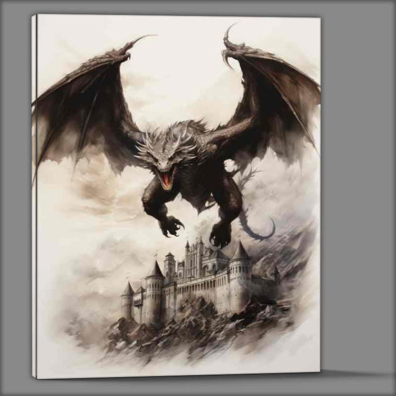 Buy Canvas : (Drawing style of an angry dragon flying over a castle)