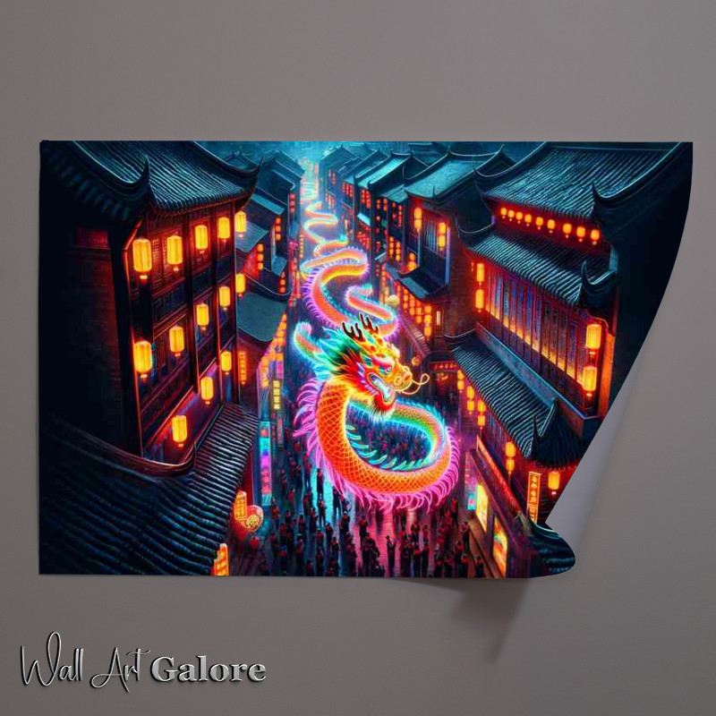 Buy Unframed Poster : (A Neon Dragon Dance in a Historical Chinese Town)
