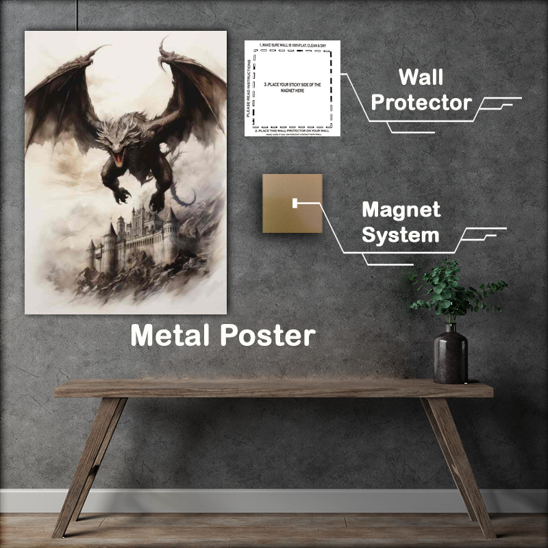 Buy Metal Poster : (Drawing style of an angry dragon flying over a castle)