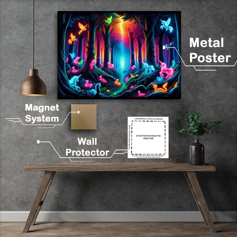 Buy Metal Poster : (A Neon Enchanted Forest with Mythical Creatures)