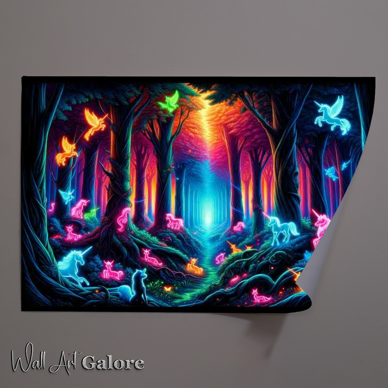 Buy Unframed Poster : (A Neon Enchanted Forest with Mythical Creatures)