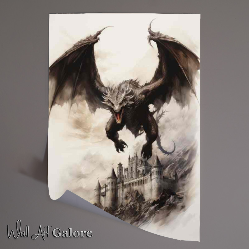 Buy Unframed Poster : (Drawing style of an angry dragon flying over a castle)