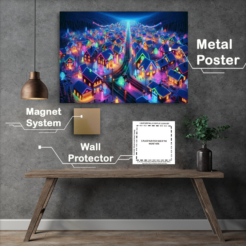 Buy Metal Poster : (A Neon Festival of Lights in a snowy village)