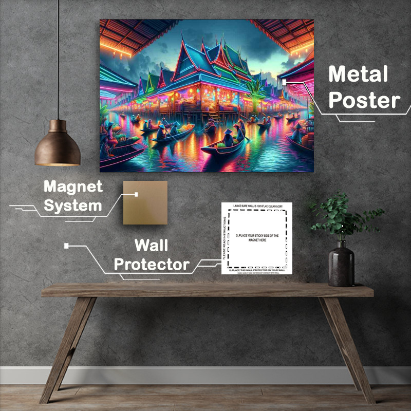 Buy Metal Poster : (A Neon Lit Floating Market in Southeast Asia)
