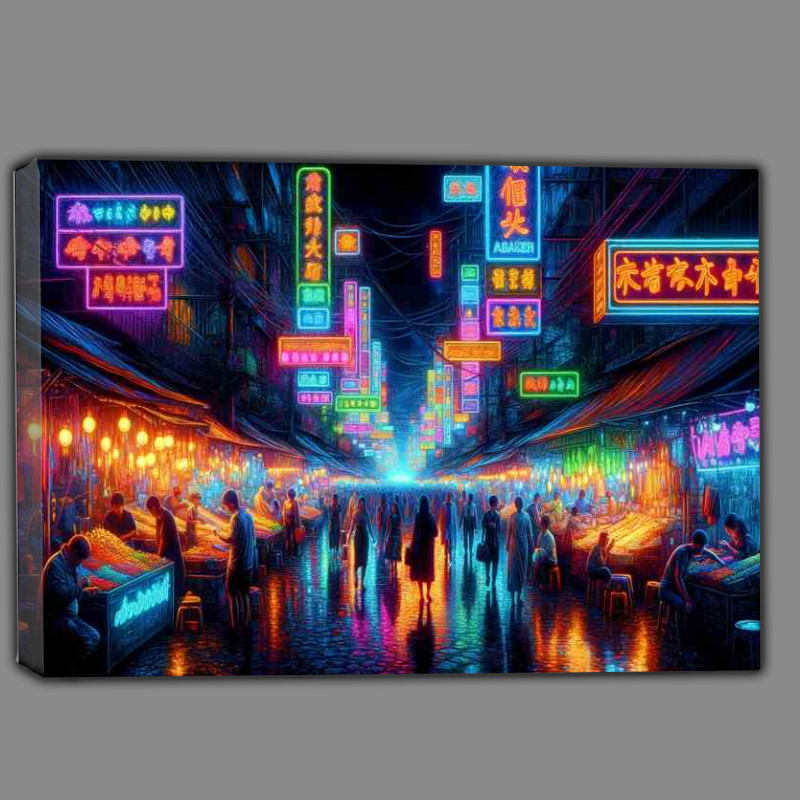 Buy Canvas : (Bustling Neon Night Market with Multicolored Neon Lights)