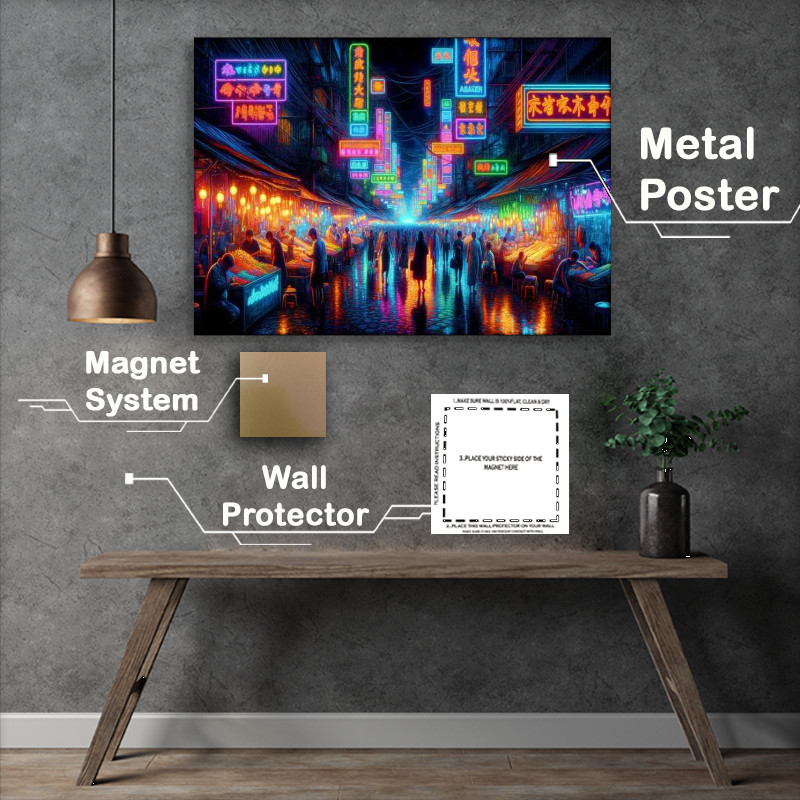 Buy : (Bustling Neon Night Market Metal Poster)