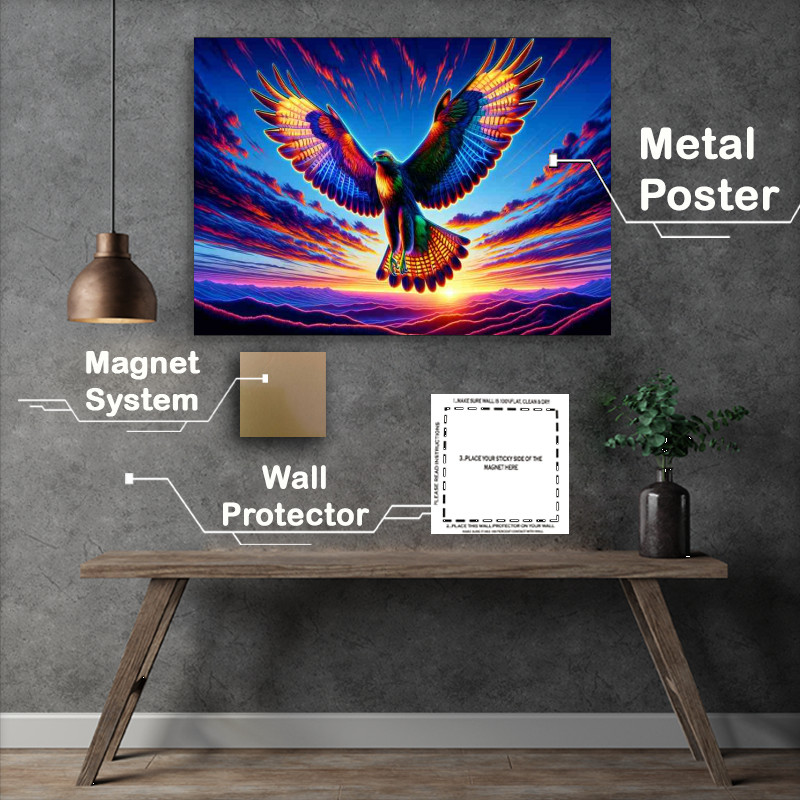 Buy Metal Poster : (A hawk soaring in the sky rendered in a neon art style)