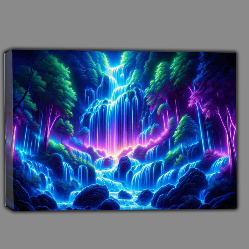 Buy Canvas : (A majestic neon waterfall in a lush forest)