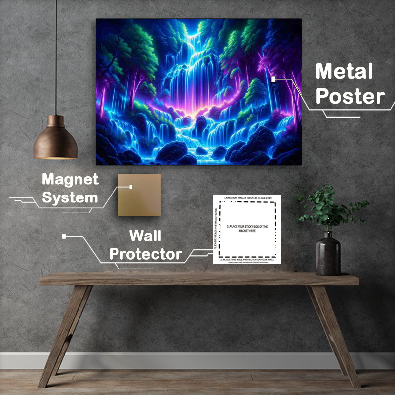 Buy Metal Poster : (A majestic neon waterfall in a lush forest)