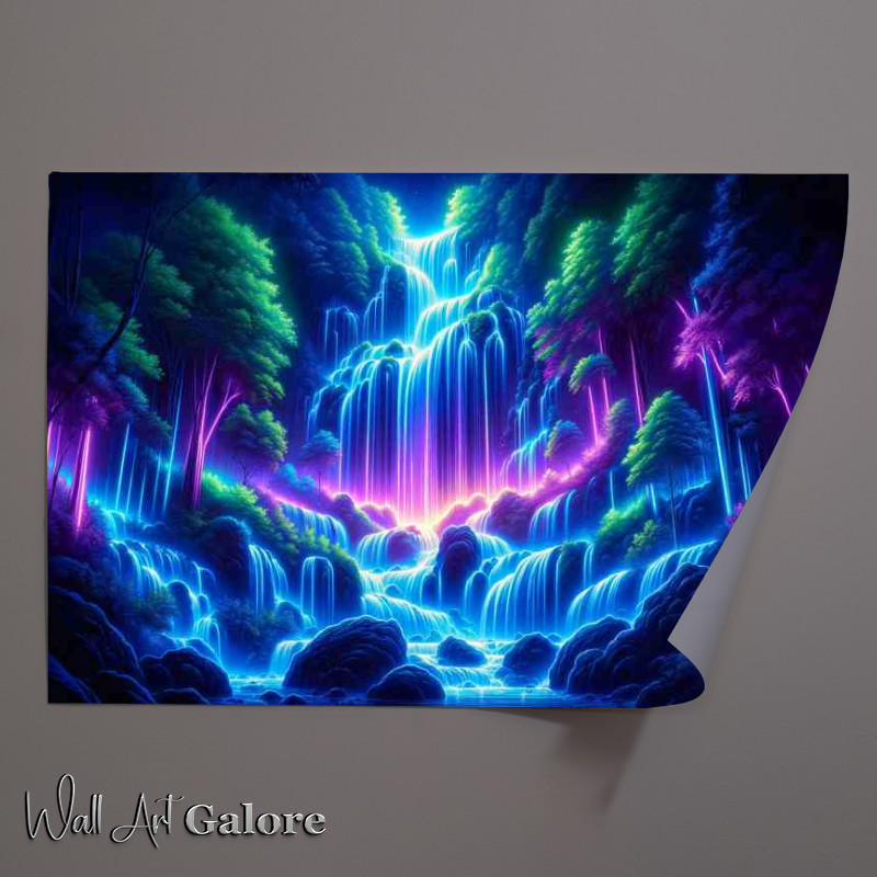 Buy Unframed Poster : (A majestic neon waterfall in a lush forest)