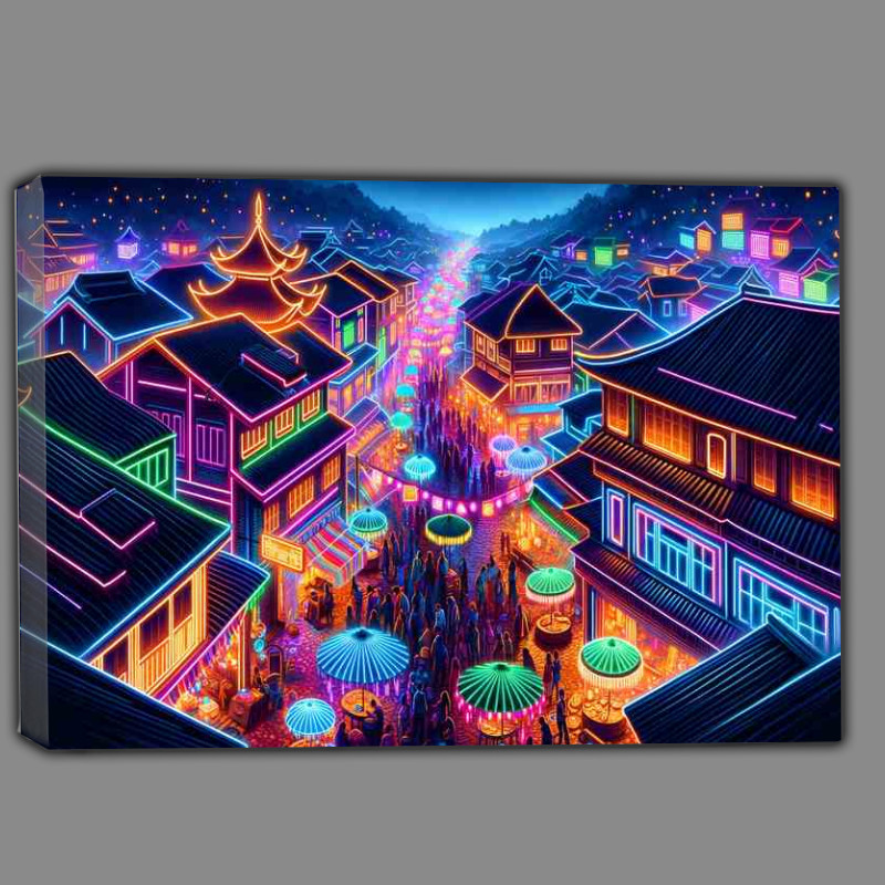 Buy Canvas : (A neon festival in a traditional village at night)