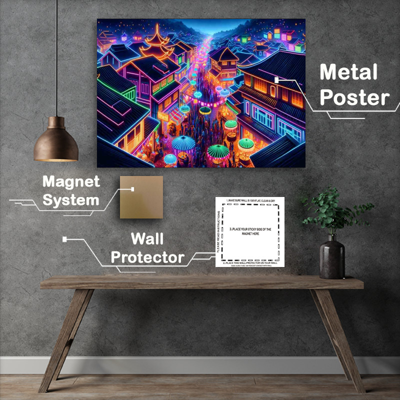 Buy Metal Poster : (A neon festival in a traditional village at night)