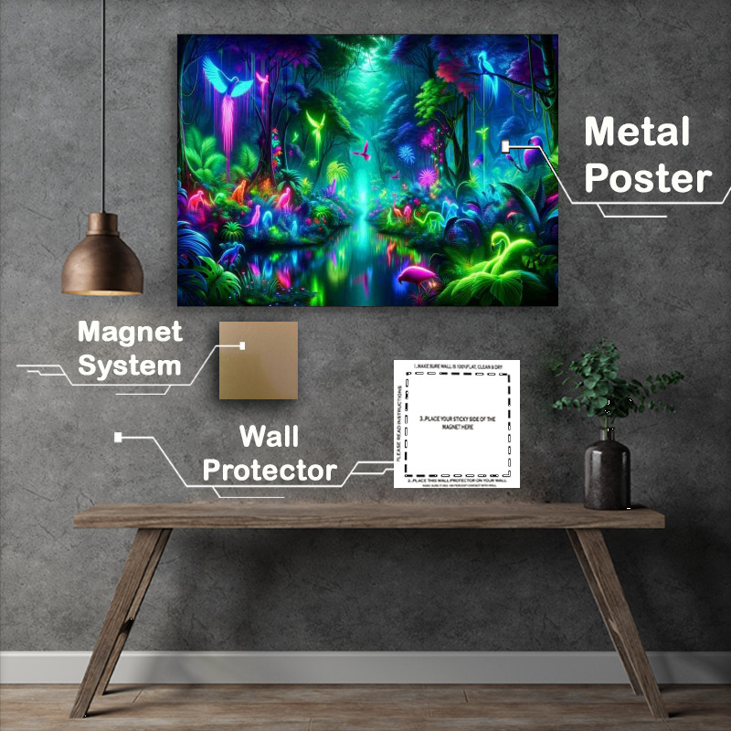 Buy Metal Poster : (A neon jungle with exotic glowing wildlife)