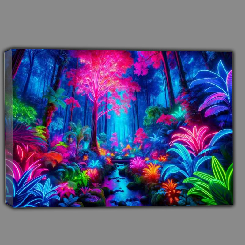 Buy Canvas : (A neon lit rainforest creating a surreal and vivid scene)