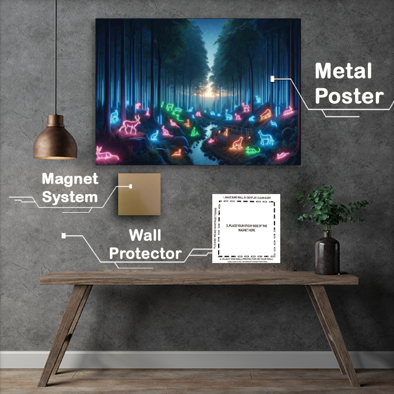 Buy Metal Poster : (A neon wildlife sanctuary at dusk)