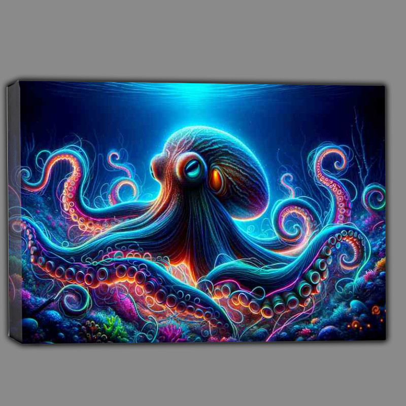 Buy Canvas : (A octopus deep underwater portrayed in a neon art style)