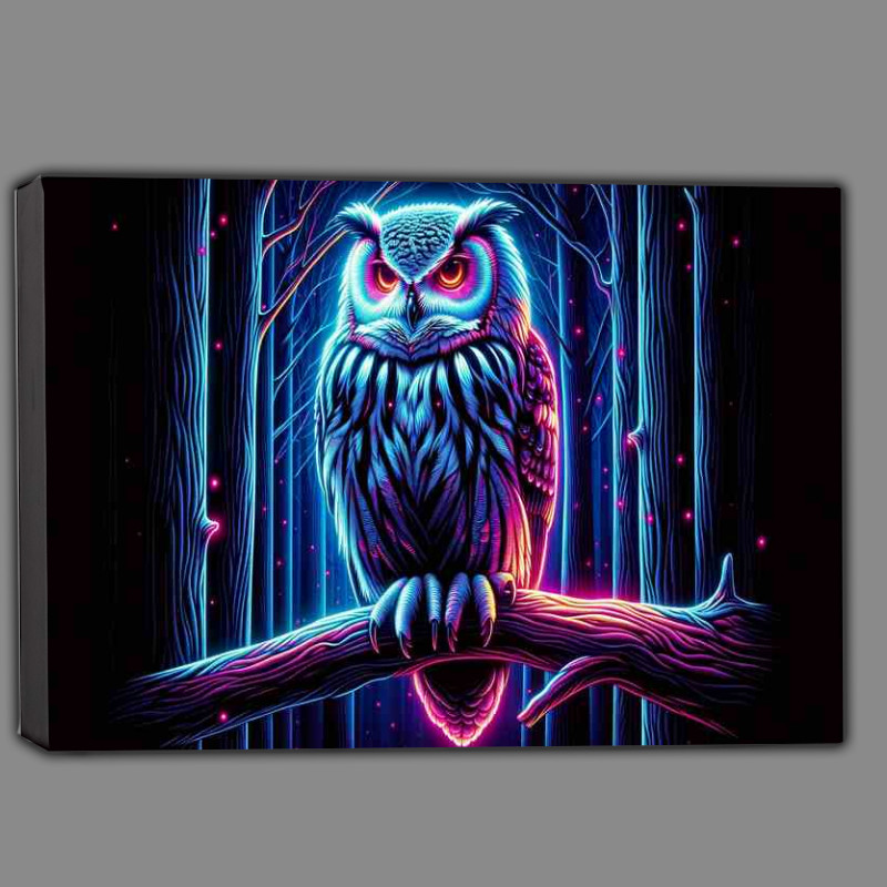 Buy Canvas : (A owl perched on a tree branch in a neon art style)
