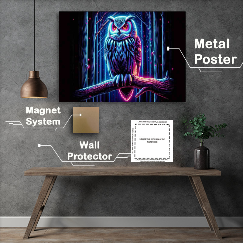 Buy Metal Poster : (A owl perched on a tree branch in a neon art style)