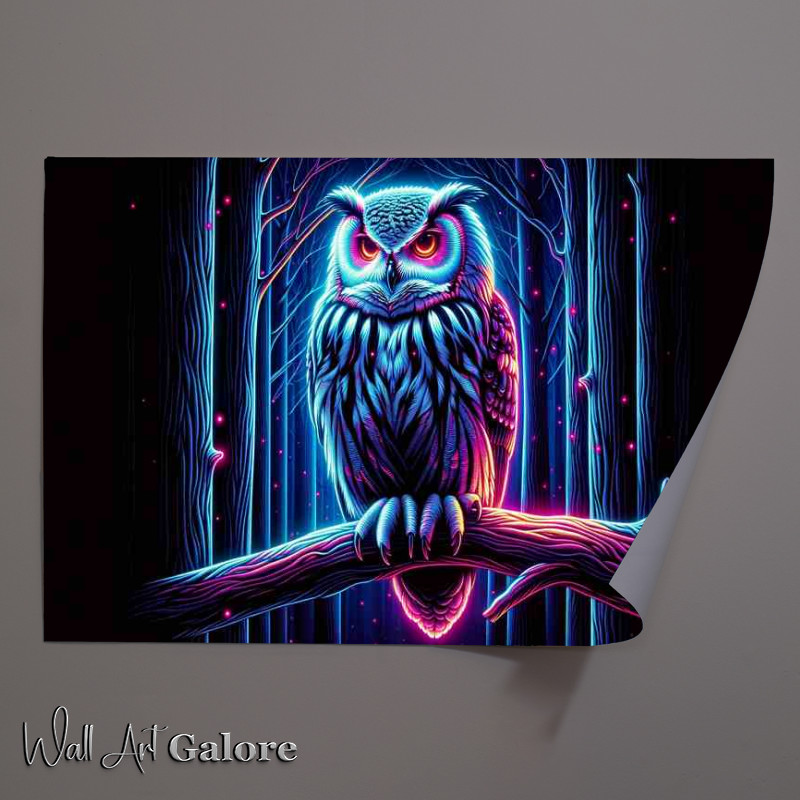 Buy Unframed Poster : (A owl perched on a tree branch in a neon art style)
