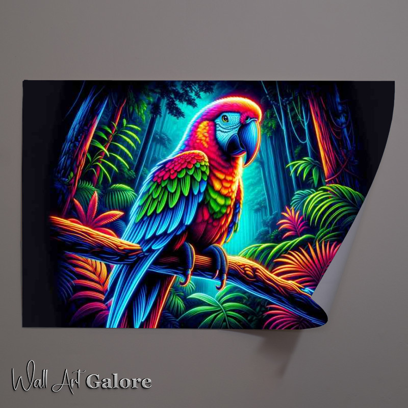 Buy Unframed Poster : (A parrot perched on a branch rendered in a neon art style)