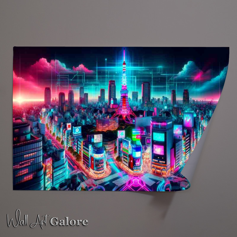 Buy Unframed Poster : (A striking wide angle captivating Tokyo skyline neon colors)